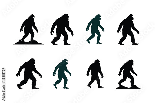 bigfoot walking uphill, silhouette set balanced on white background