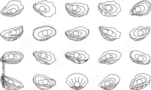 Oyster pearl shell icon set with open marine mollusk jewelry element collection aquatic nature symbol