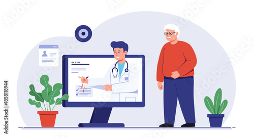 Elderly man consulting doctor on computer screen in a modern medical setting