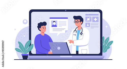 Doctor consulting patient on laptop screen with medical records and plants surrounding