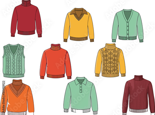 Vector illustration set of colorful winter sweaters including cardigans turtlenecks and pullovers isolated on white background for seasonal fashion design