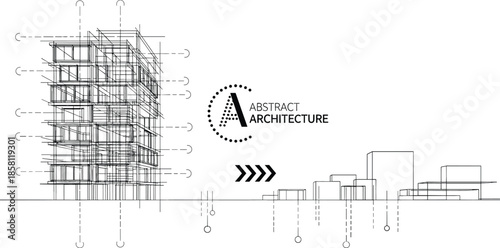 Abstract architectural blueprint vector featuring technical building wireframe urban skyline silhouettes and modern geometric design elements for construction.
