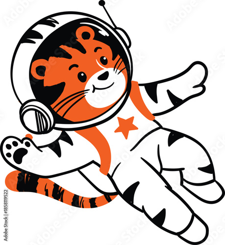 Cute cartoon tiger astronaut floating in space