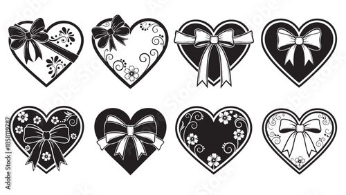 Decorative hearts with floral patterns and bows isolated illustration