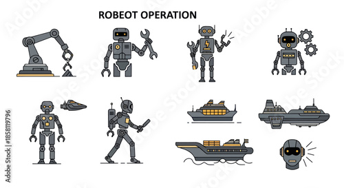 Hand-drawn Robot Operation Icons Set: Industrial Automation and Futuristic Technology Sketches.