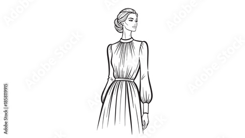 Elegant woman in long pleated dress with high neck illustration