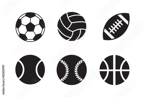 Sports Ball Icons Set Vector – Soccer, Basketball, Baseball, Rugby Silhouettes