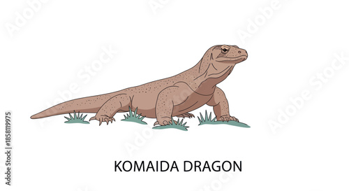Illustration of a Komodo Dragon reptile standing on grass.