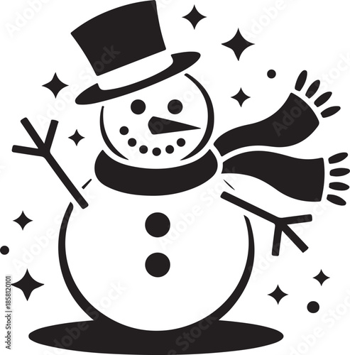 Snowman with stars and snow falling winter holiday season celebration greeting happy fun