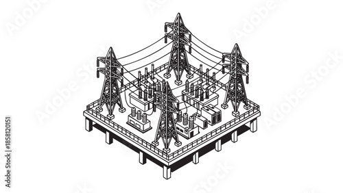 Isometric electrical substation with transformers and power lines illustration