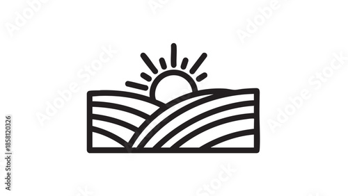 Minimalist agricultural landscape icon with sun and rolling fields