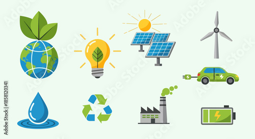 Vibrant vector icons set for eco-friendly sustainable energy environmental conservation and green technology concepts.