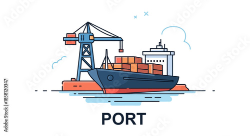 Vector Illustration of Cargo Ship at Port with Crane.