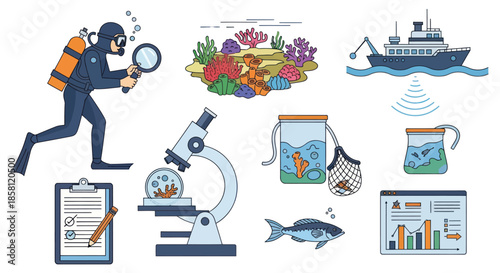 Scuba Diver Examining with Magnifying Glass Underwater Exploration.