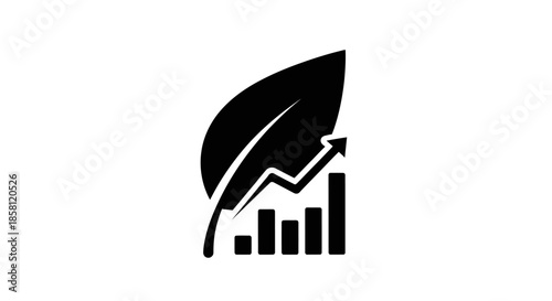 Black Silhouette of a Leaf with Upward Trend Bar Chart and Arrow.