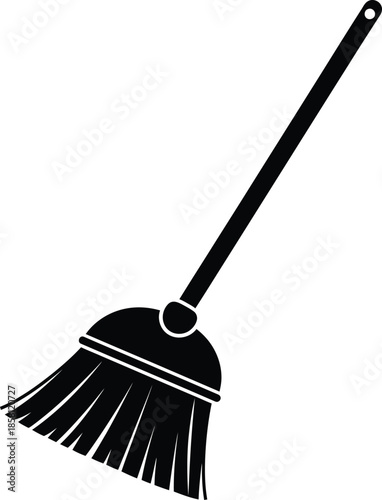 Isolated black broom and metal shovel vector illustration of cleaning equipment for housework including a floor brush and dustpan tool set on white background for sweeping dust