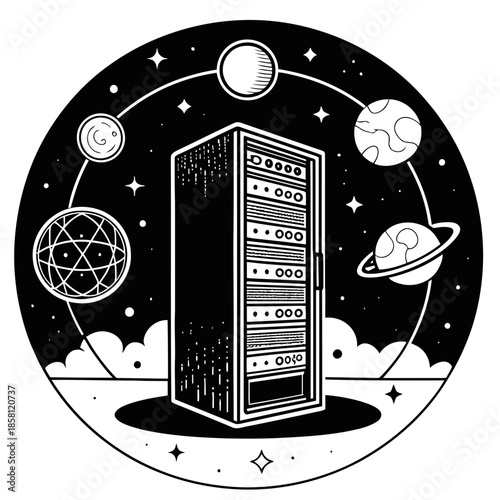 Schilderij op canvas A futuristic server tower in a cosmic environment with planets and stars