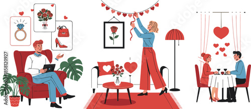 Romantic flat vector character set featuring man gift shopping woman decorating home and couple sharing candlelit dinner date.
