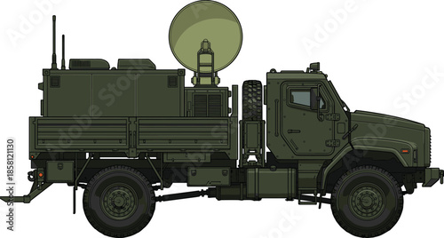 Military communication vehicle illustration, armored tactical truck with satellite dish, mobile radar and signal equipment used for field operations, defense communication support