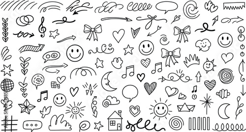 A large set of hand drawn doodle icons featuring smileys, hearts, arrows, and other whimsical symbols
