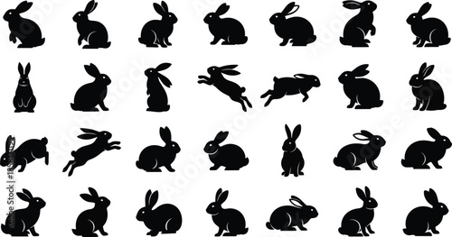 A large collection of rabbit silhouettes in various poses and positions