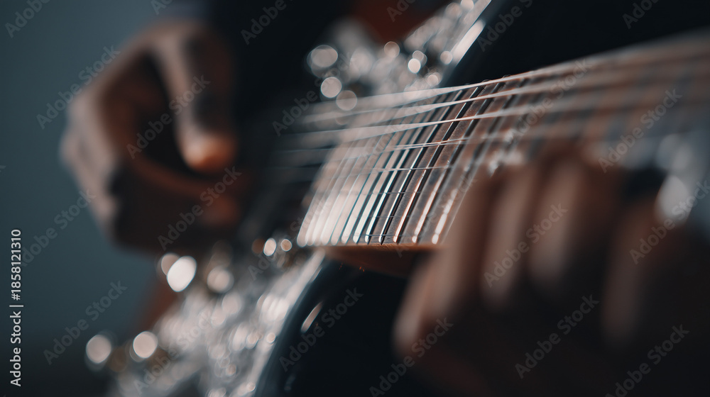Fototapeta premium guitar strings closeup, playing electric guitar macro, music instrument detail 