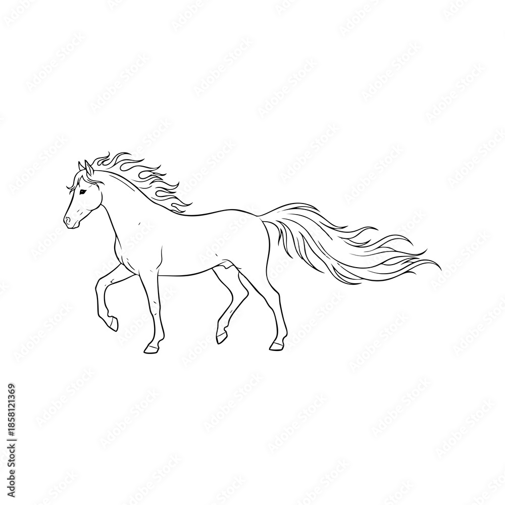 Fototapeta premium Elegant line art illustration capturing the dynamic movement of a trotting horse with a magnificent, flowing mane and tail, perfect for equestrian designs, decorative elements, or animal-theme.