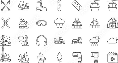 Minimalist winter sports line icon set featuring skiing equipment, snowboard, mountain cabin, snowmobile, cable car lift, warm clothing, and weather forecast symbols.