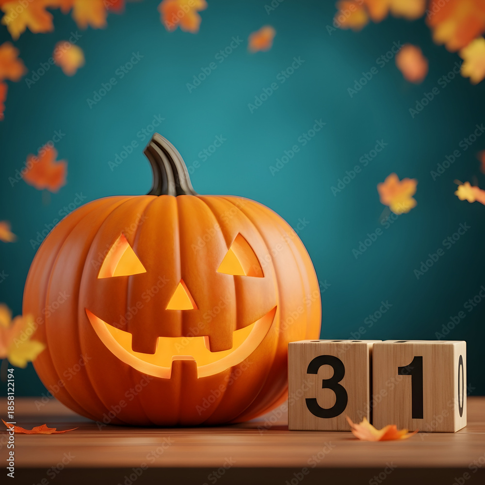 Obraz premium Halloween jack o lantern on a wooden table with calendar blocks