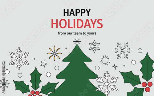 Happy Holidays Greeting Card with Christmas Tree and Snowflakes