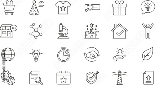 Minimalist line icon set featuring retail shopping cart, scientific microscope research, success celebration, creative idea lightbulb, house real estate, and lighthouse symbols.