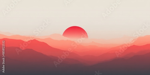 Atmospheric layered mountain landscape featuring a vibrant red sun setting above the rolling hills, chinese new year