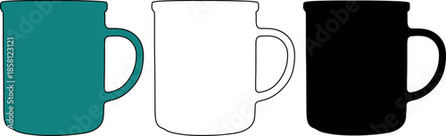 Coffee mug and tea cup icons in teal, outline, and black silhouette styles; versatile graphic elements for cafe branding, kitchenware design, and morning routine themes.