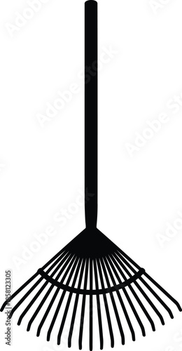 A simple black and white illustration of a leaf rake, a gardening tool used for gathering leaves and debris