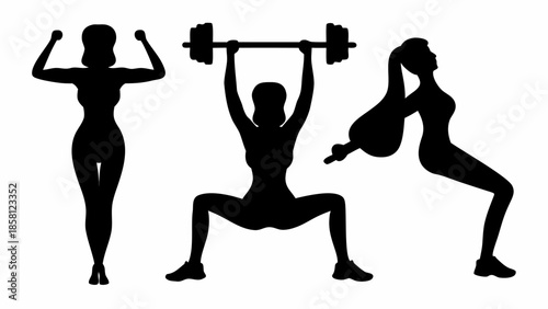 Silhouettes of people working out with dumbbells and weights