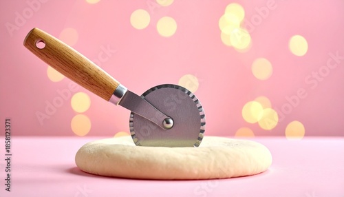 Pastry cutter with wooden handle in dough.