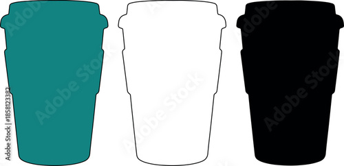Reusable coffee cup silhouettes in teal, white outline, and black isolated on white background for.