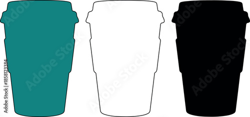 Minimalist Reusable Takeaway Cup Icons Set in Teal Color, Black Outline, and Solid Silhouette Versions for Coffee Shop Graphic Design