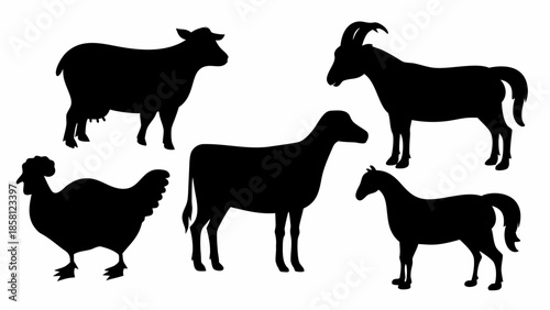 Farm animals in black silhouette on white background