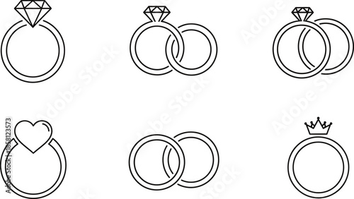 A collection of minimalist outline icons representing various engagement and wedding rings