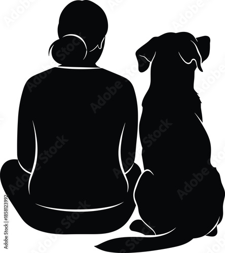 Silhouette of person sitting with dog, peaceful moment, pet companionship, black illustration, emotional bond, animal love scene, flat vector