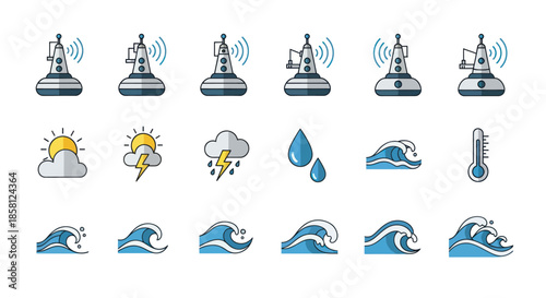 Weather and Sea Condition Icons: Buoys Sun Rain Waves and Thermometer.