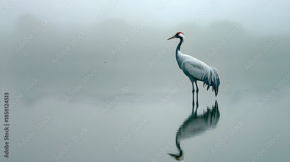 Obraz premium Majestic red-crowned crane standing alone in tranquil misty water reflecting perfectly on the calm surface creating a serene minimalist wildlife scene
