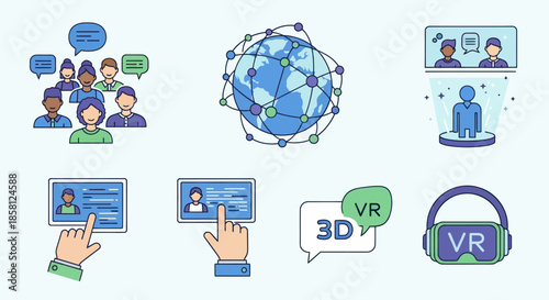 Virtual Reality and Online Communication Icons Set with Global Network and User Interaction.