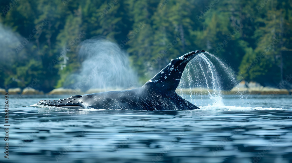 Obraz premium Humpback Whale Showing Tail Fin Splashing Water in Coastal Waters against Forest Background