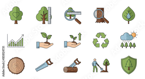 Colorful Eco-Friendly Tree Icons Representing Nature and Growth.