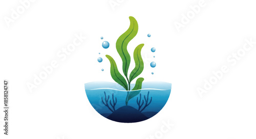 Cartoon Illustration of Green Seaweed Growing in Water.