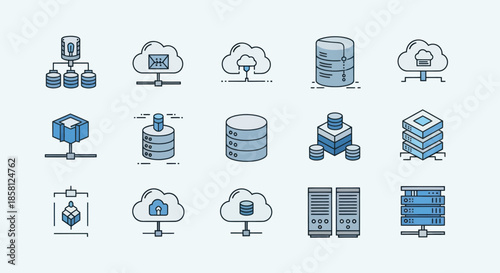 Collection of stylized icons representing cloud computing and data storage servers.