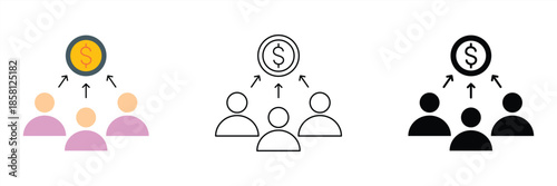 Vector icons depicting the flow of money from a central source to multiple individuals, symbolizing collective investment, financial partnership, and wealth distribution strategies
