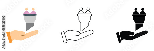 Hand presenting a funnel with people, symbolizing strategic lead generation, customer acquisition, and talent recruitment for business growth and conversion